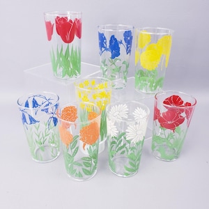Vintage 1950s Set of 8 Swanky Swigs Red Blue Green Yellow Floral Design Juice Glasses | Mid Century Floral Libbey Swanky Swig Juice Glasses