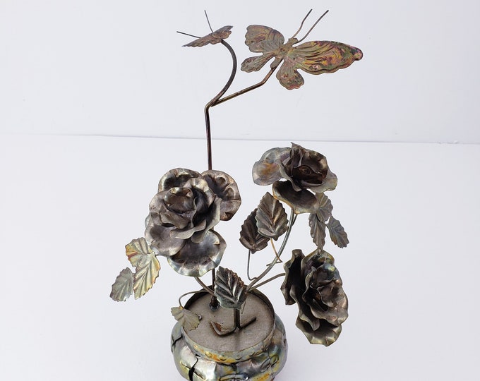 Vintage Music Box Brutalist Sculpture Brass Butterflies Flower Music