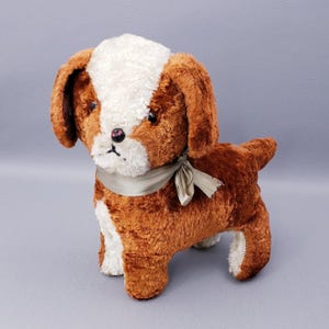 Vintage 1950s Stuffed Toy Dog Rust & Tan and White Visible Stitching Kitschy MCM | Vintage Plush Puppy Dog Brown and White Stuffed Animal