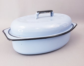 Vintage Enamel Roasting Pan with Lid, Enamelware Roasting Pan Delfite Blue w/ Black Trim, Enamel Roasting Pan, Blue Enamelware w/ Black Trim