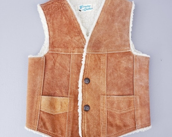 Vintage Genuine Leather Suede Leather Faux Shearling Lined Kids Vest | Genuine Brown Leather Western Vest Youth Childs Sherpa Lined
