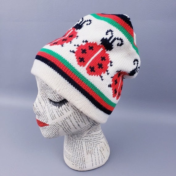 Vintage Ski Cap 100 Wool Ski Hat Ladybugs White Winter Knit Hat