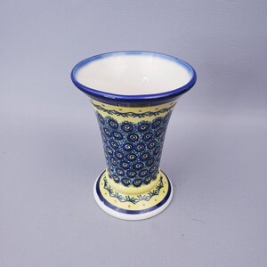 Hand-Painted Polish Pottery Vase Handmade by Zaklady Boleslawiec in Poland Ceramic Flower Display 6" Tall "Pawie Oko" Peacock Eye Pattern