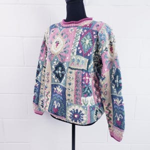 Vintage 90s Signatures by Northern Isles Hand Knit Sweater Multicolor Patchwork Hand Knit Floral Large NWT