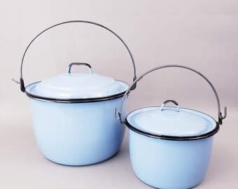 Vintage Blue Enamel Pot with Lid Black Trim Set of 2, Blue Enamelware Stock Pot w/ Wire Bale Handle, Light Blue Porcelain Enamel Pot and Lid