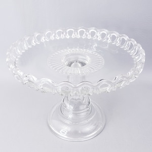 EAPG Co Operative Flint Glass Lace Edge Pedestal Cake Stand, Antique Cake Stand, Open Lace Edge Glass Cake Stand, Lace Edge Glass Salver