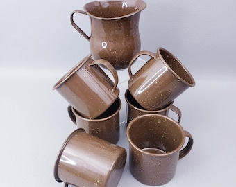 Set of 6 Vintage 80s Enamelware Coffee Cups/Mugs & Pitcher Brown w/ White Speckles | Large Brown Speckled Enamel Camping Mug, Enamelware Mug