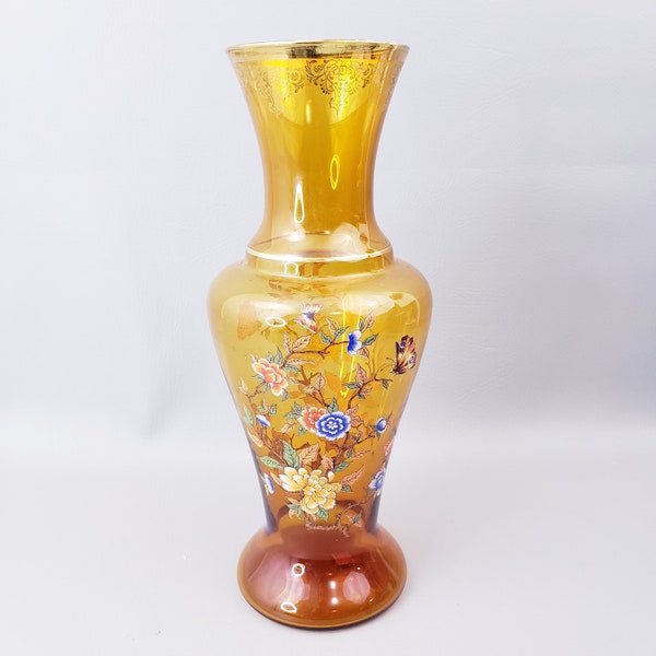 Vintage Norleans 16" Amber Glass Vase Hand Painted Floral with Gold Trim, Norleans Italy Large Vintage Vase Floral Pattern Gold Rim MCM