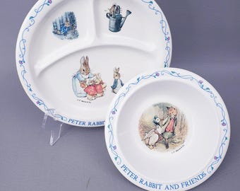 Vintage Beatrix Potter Peter Rabbit Children's Plastic Bowl And Divided Plate