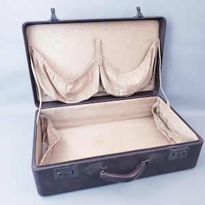 Vintage 1930s Cowhide Travel Luggage Suitcase Yale Locks | Mid Century Hard-sided Leather Suitcase for Home Decor, Prop, or Photo Staging