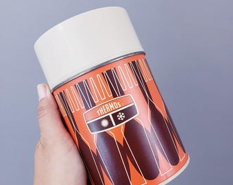 Vintage 1971 King-Seeley Orange/Brown 3-Piece 10oz. Thermos | Fork & Spoon Argyle Design | Food/Coffee Travel Container | Camping Gear