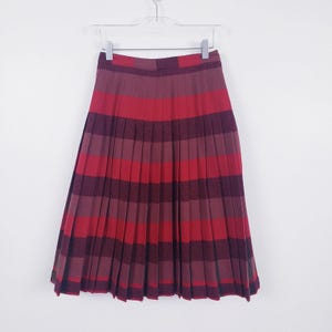 May include: A midi-length pleated skirt featuring horizontal stripes in shades of deep red, burgundy, and dark plum. The skirt is constructed with a fitted waistband and hangs from a clear plastic hanger, displaying a consistent pleated texture.