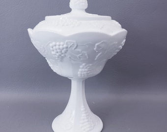 Vintage White Milk Glass Indiana Colony Harvest Grapes Wedding Bowl Footed Compote | Grape and Vine Milk Glass Covered Pedestal Bowl