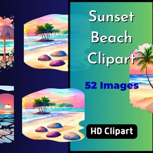 Sunset Beach Scenes HD Watercolor Clipart Graphics | 52 High-Quality PNGs | Transparent Background | Instant Download | 300 DPI