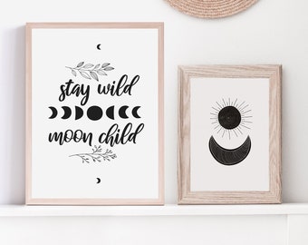 moon and sun wall art set | moon phase and sun print | wild and free | life sayings | black and white art | minimalist bedroom wall decor