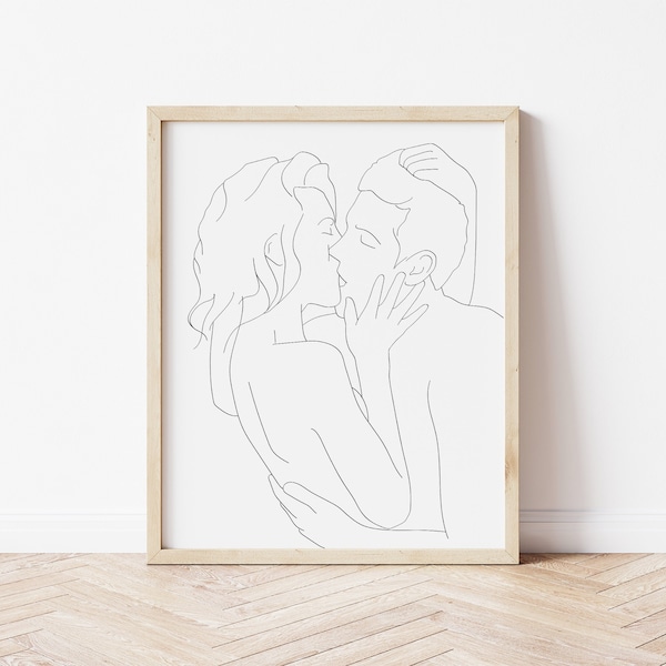 Impression d'art couple s'embrassant, dessin au trait, amateurs de baisers sensuels, art mural imprimable, dessin au trait couple, décoration murale minimaliste