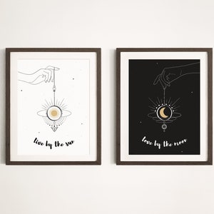 sun and moon print set live by the sun, love by the moon print celestial quotes sun and moon prints printable wall art boho decor image 1