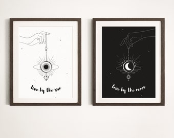 live by the sun, love by the moon print | moon art and sun print | spiritual art gift | printable wall art | line art print | life sayings