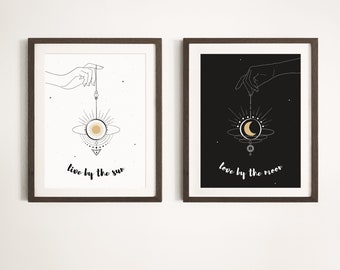 sun and moon print set | live by the sun, love by the moon print | celestial quotes | sun and moon prints | printable wall art | boho decor