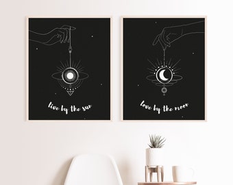 live by the sun, love by the moon print | moon art and sun print | spiritual art gift | printable wall art | line art print | life sayings