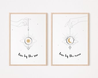 live by the sun, love by the moon print | moon art and sun print | spiritual art gift | printable wall art | line art print | life sayings