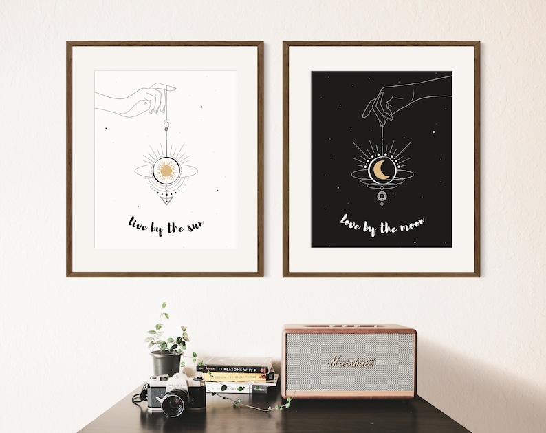 sun and moon print set live by the sun, love by the moon print celestial quotes sun and moon prints printable wall art boho decor image 6