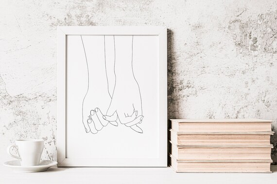 Romantic Holding Hands Outline Drawing Loving Couple On Wood Print