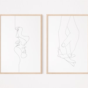 conjunto de impresión de arte de línea de amantes / conjunto de 2 impresiones / arte de pared imprimible / impresión de arte de pareja / arte de pared minimalista / arte de pared de amantes / tomados de la mano