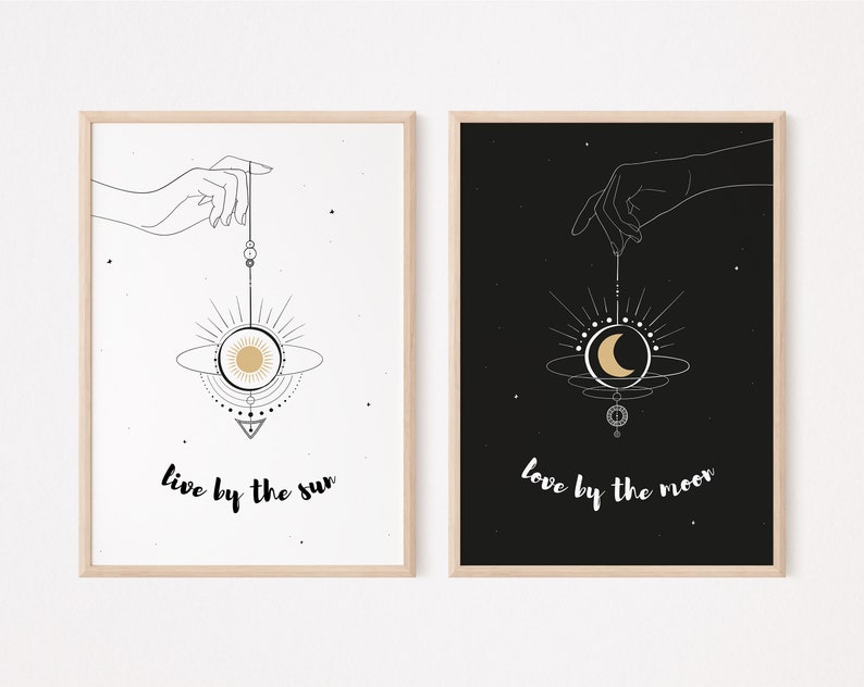 sun and moon print set live by the sun, love by the moon print celestial quotes sun and moon prints printable wall art boho decor image 3