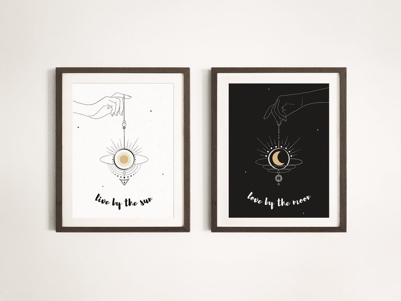 sun and moon print set live by the sun, love by the moon print celestial quotes sun and moon prints printable wall art boho decor image 1