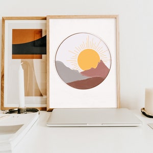 yellow sun print sun illustration mountain scenery minimalist poster boho wall decor abstract wall art bedroom print image 6