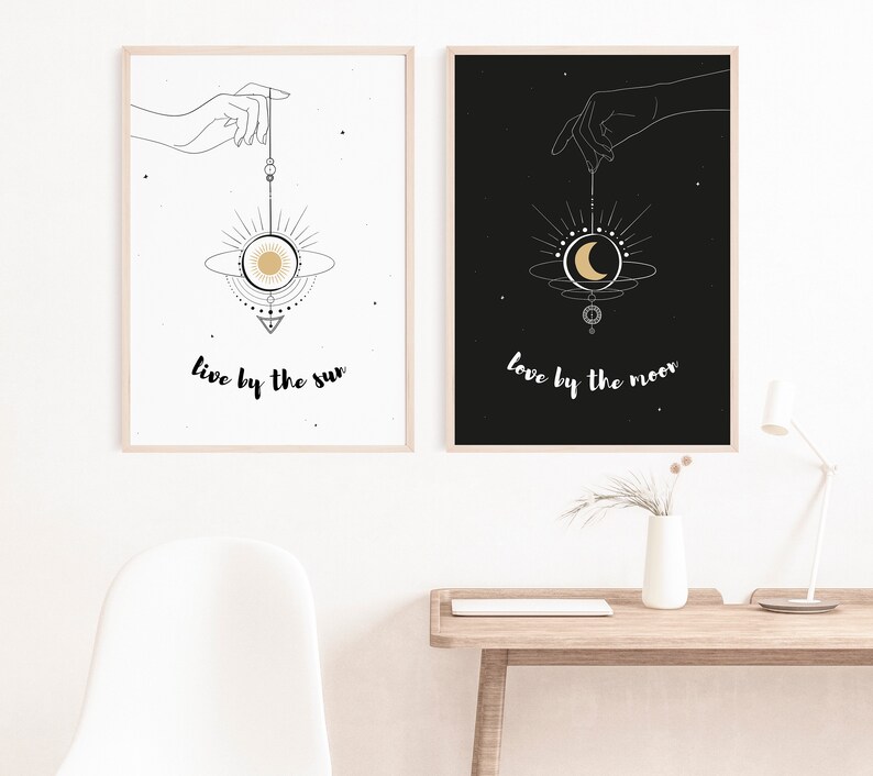 sun and moon print set live by the sun, love by the moon print celestial quotes sun and moon prints printable wall art boho decor image 4