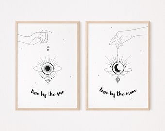 sun and moon print set | live by the sun | love by the moon | quote prints | celestial art prints | line drawing art | mystic wall art