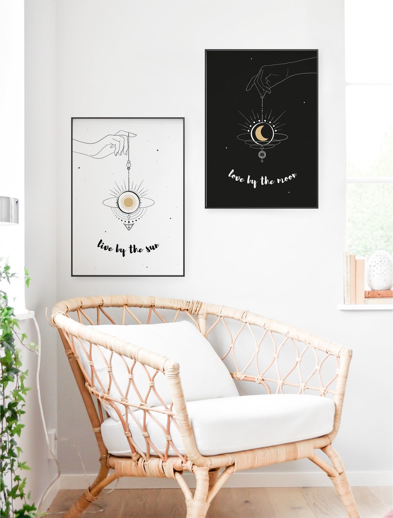 sun and moon print set live by the sun, love by the moon print celestial quotes sun and moon prints printable wall art boho decor image 5