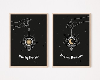 live by the sun, love by the moon print | moon art and sun print | spiritual art gift | printable wall art | line art print | life sayings