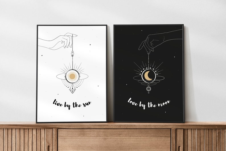 sun and moon print set live by the sun, love by the moon print celestial quotes sun and moon prints printable wall art boho decor image 7