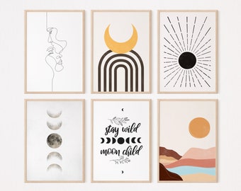 gallery wall art set | line art print set | minimalist sun and moon wall decor | couple line art | abstract art poster | boho wall decor