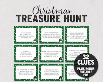 May include: A Christmas Treasure Hunt game with 32 clues, plus a bonus PDF. The design features a green and white color scheme with snowflake accents and penguin illustrations. The text includes rhyming clues.