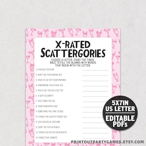 Jeu de scattergories classé X, jeu de nuit amusant pour filles ou garçons, fond sur le thème des cocktails roses, jeu modifiable BC1 BXSG