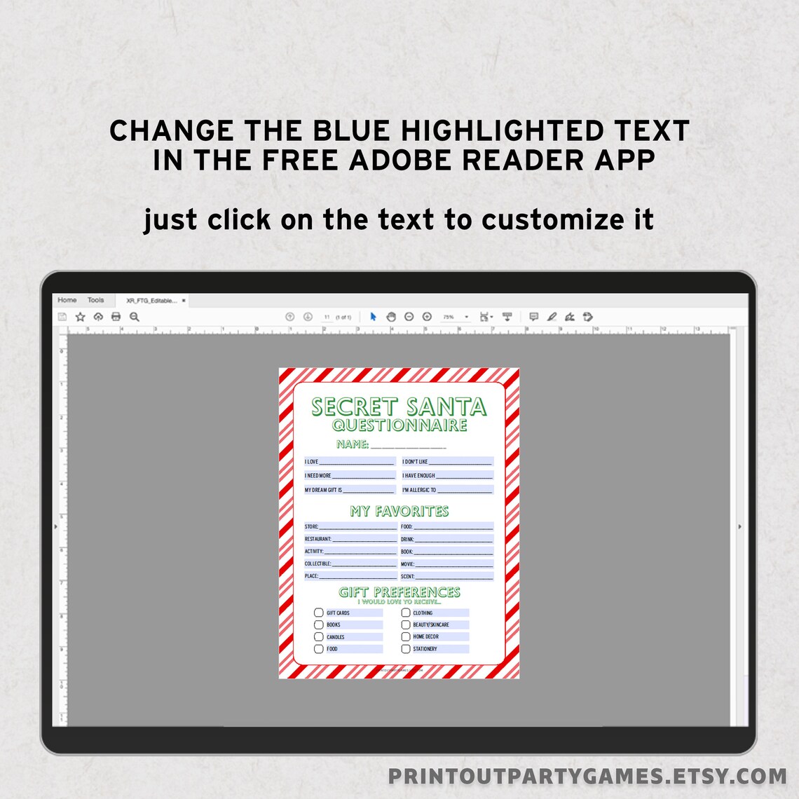 Secret Santa Questionnaire, Editable Christmas Gift Survey, Gift Swap Wish List Template