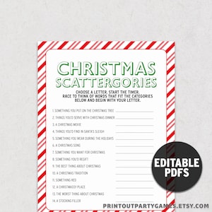 Kerst Scattergories-spel, snoepgoed kerstthema, vakantiespel, grappig woordspel, volwassen kerstfeestspel AFDRUKBARE CC1 CSG