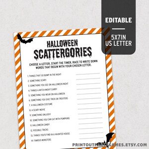 Halloween Scattergories, Adult Hallowe&#39;en Party Game, Scattergories Game for Halloween Parties, Orange Stripe Editable Game HS HSG