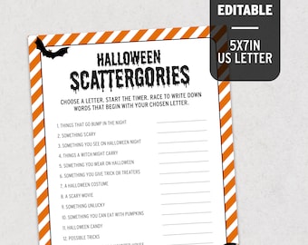 Halloween Scattergories, Adult Hallowe'en Party Game, Scattergories Game for Halloween Parties, Orange Stripe Editable Game HS HSG