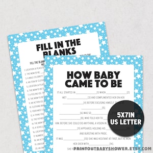 Füllen Sie die Lücken Babyparty MadLibs Spiel, lustig wie Baby kam Geschichte Spiel, blaue Sterne Thema druckbare Spiel