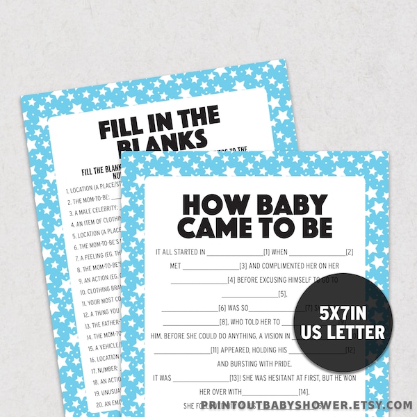 Fill the Blanks Baby Shower MadLibs Game,  Funny How Baby Came to Be Story Game, Blue Stars Theme Printable Game
