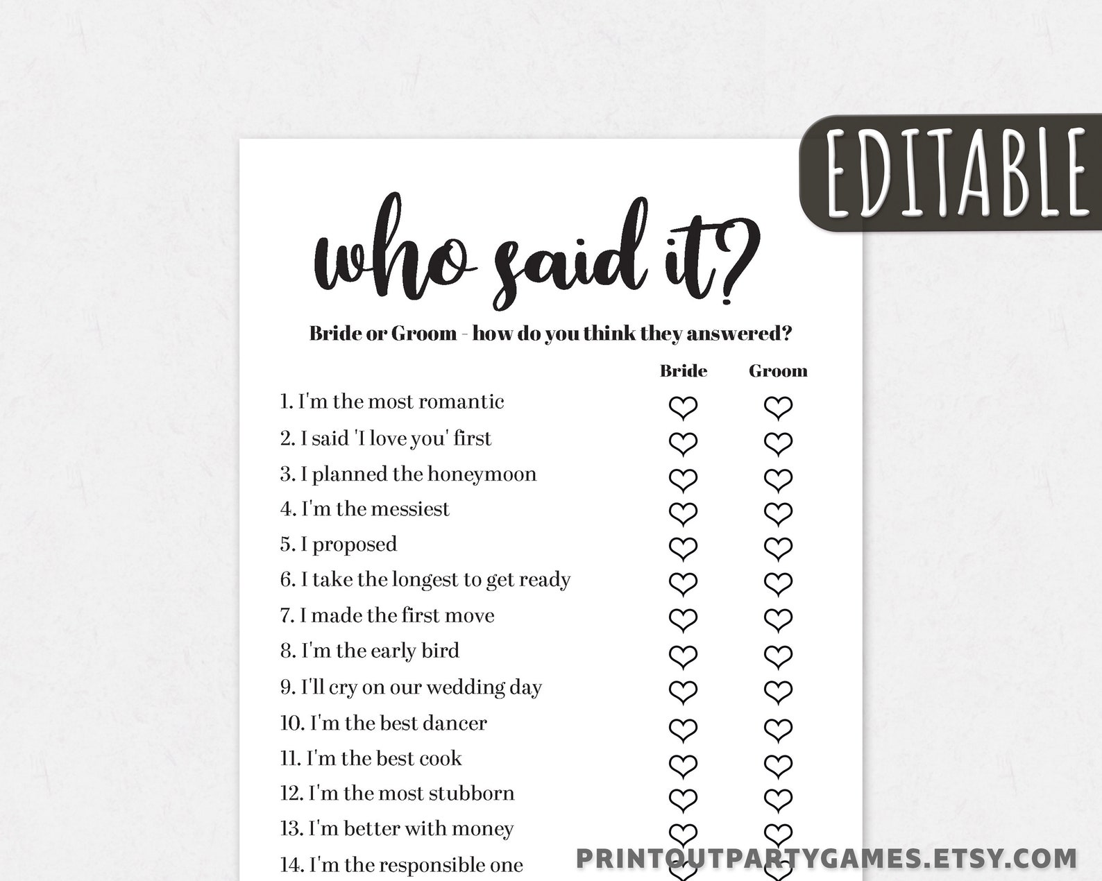 Editable Guess Who Said It Game for Bridal Shower or Etsy