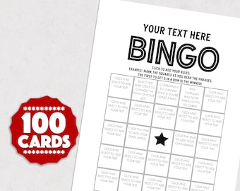100 Unique Bingo Cards: Customizable Party Game (Digital Download)