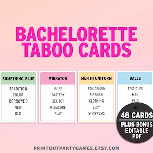Vrijgezellenfeest Taboe-kaartspel, 48 bewerkbare kaarten, DIGITALE DOWNLOAD Afdrukbaar bruidsspel, leuke vrijgezellenfeestspellen, snoepkleuren vrijgezellenfeest