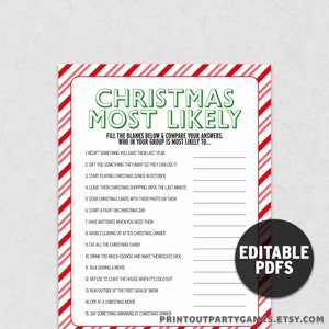 以下が含まれることがあります： 「Christmas Most Likely」というタイトルの印刷可能なクリスマスゲームシート。赤と白のキャンディケインのボーダーが付いています。ゲームには、プレイヤーが回答を比較するための空白を埋めるプロンプトが含まれています。右下隅には「編集可能なPDF」と書かれた黒い円があります。