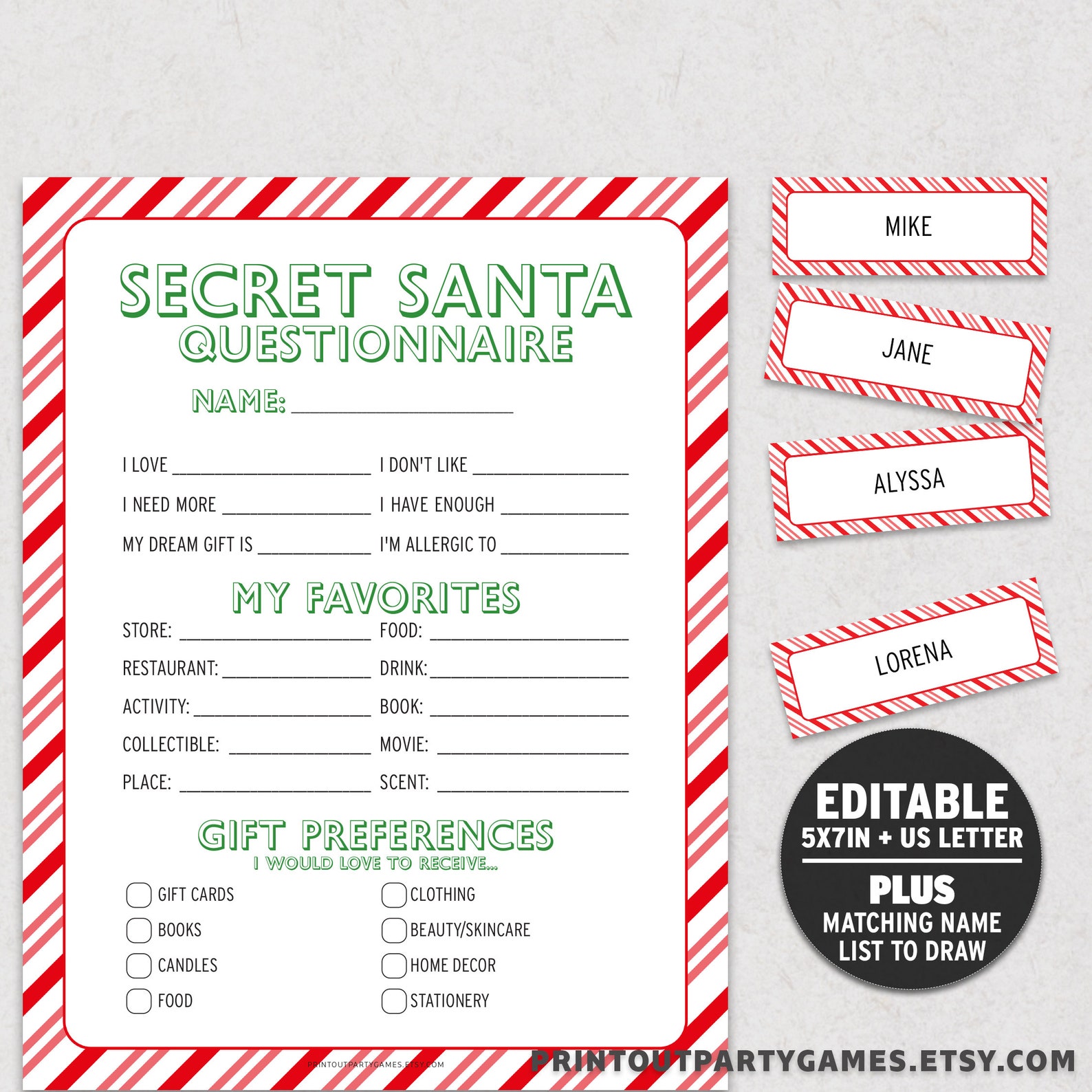 Secret Santa Questionnaire, Editable Christmas Gift Survey, Gift Swap Wish List Template